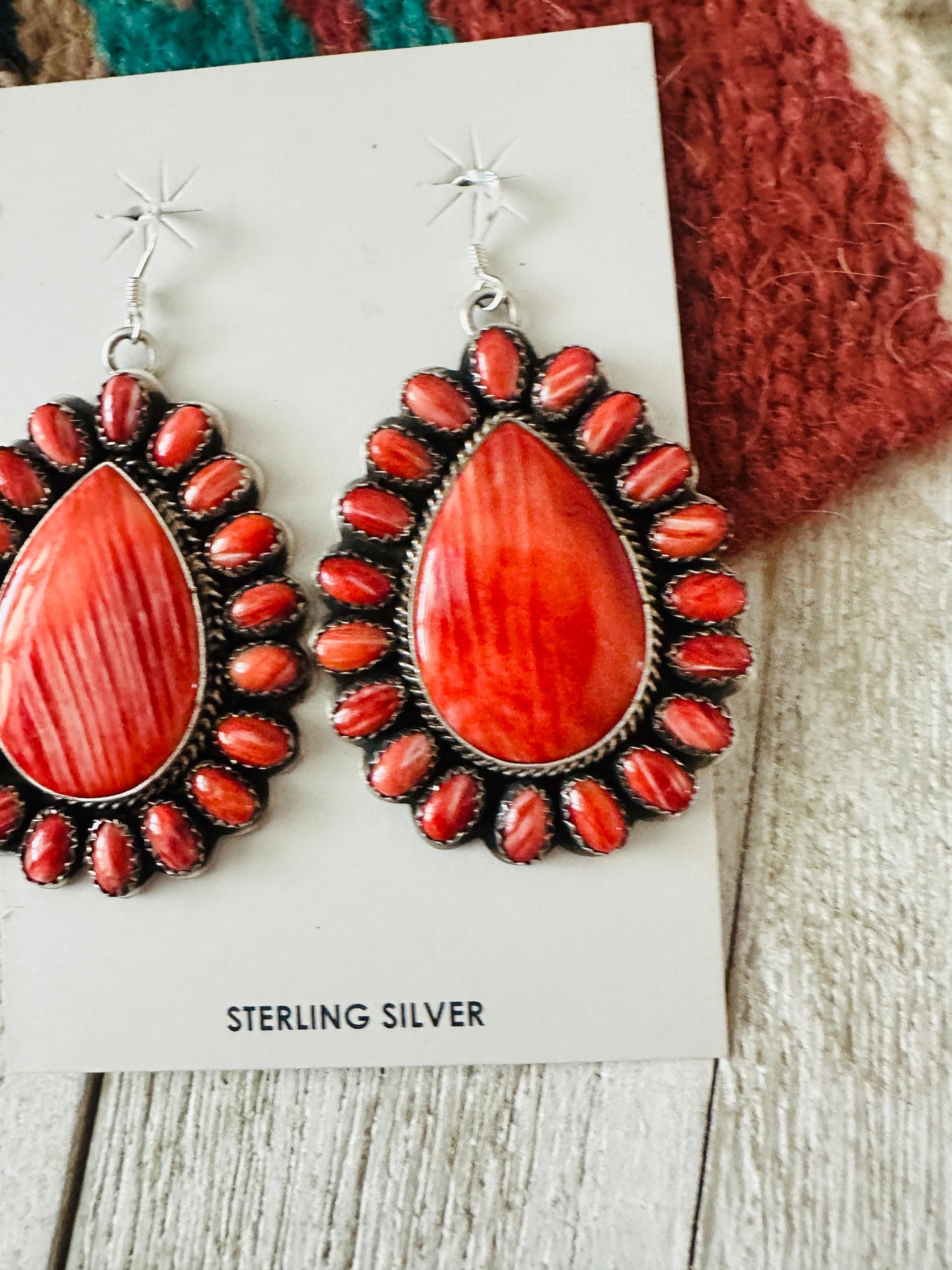 Handcrafted Sterling Silver & Red Spiny Cluster Dangle Earrings