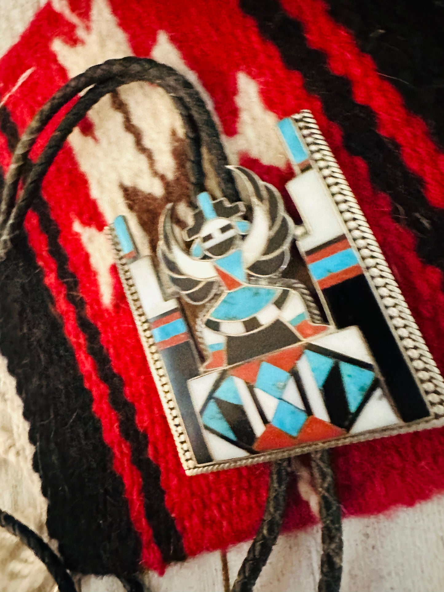 Vintage Old Pawn Handcrafted Multi Stone & Sterling Silver Inlay Knifewing Bolo Tie