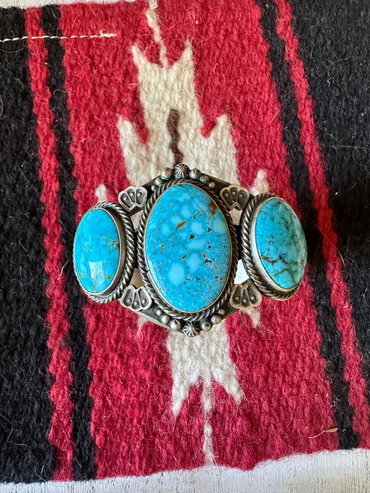 Handcrafted Kingman Turquoise & Sterling Silver 3 Stone Cuff Bracelet Signed S.Tso /