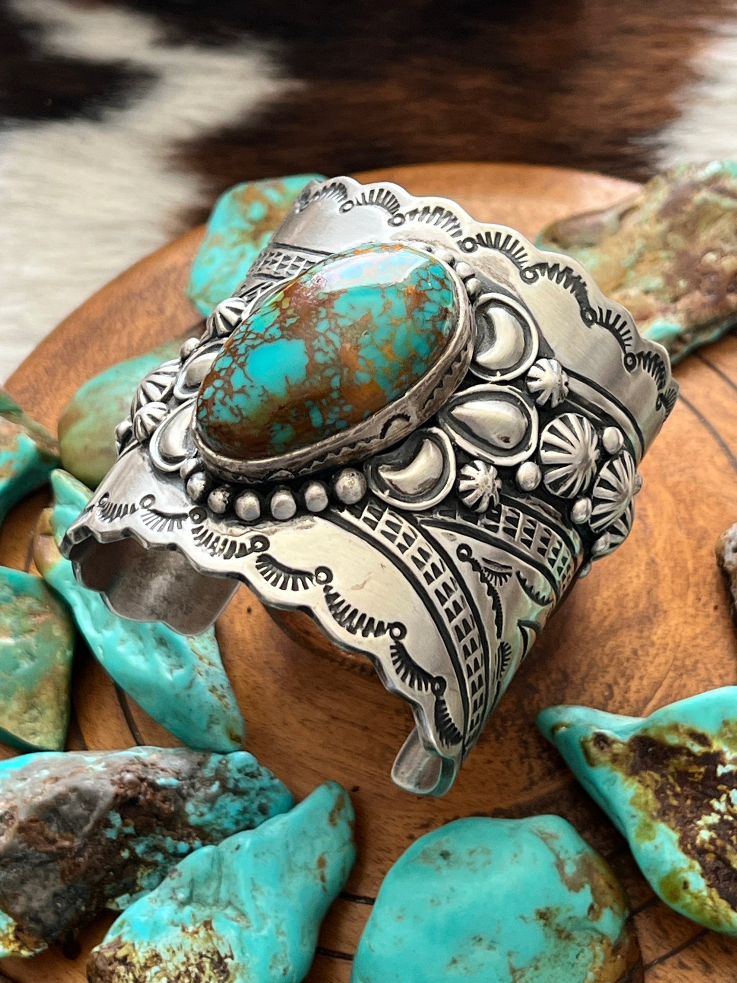 Lorenzo James Hefty Sterling Silver and Kingman Turquoise Hand Stamped Cuff Bracelet