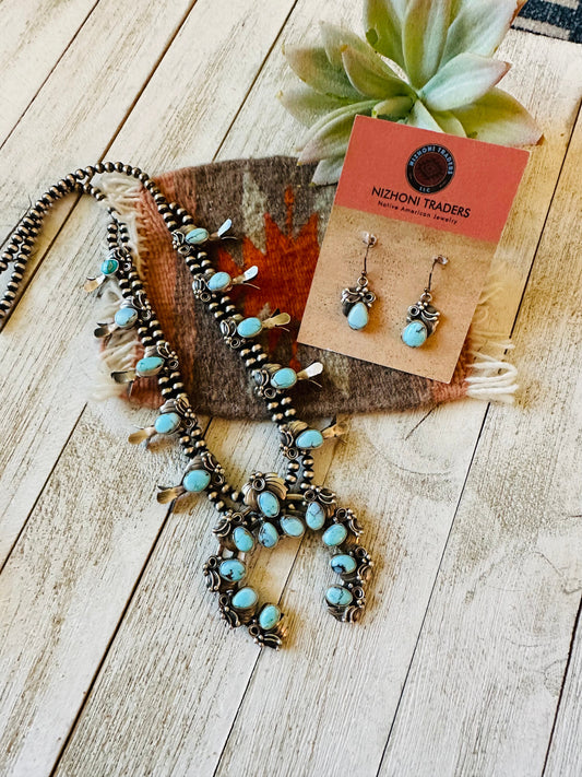 Handcrafted Golden Hills Turquoise & Sterling Silver Squash Blossom Necklace Set