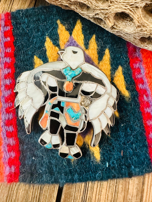 Vintage Handcrafted Sterling Silver & Multi Stone Inlay Eagle Dancer Bolo Slide