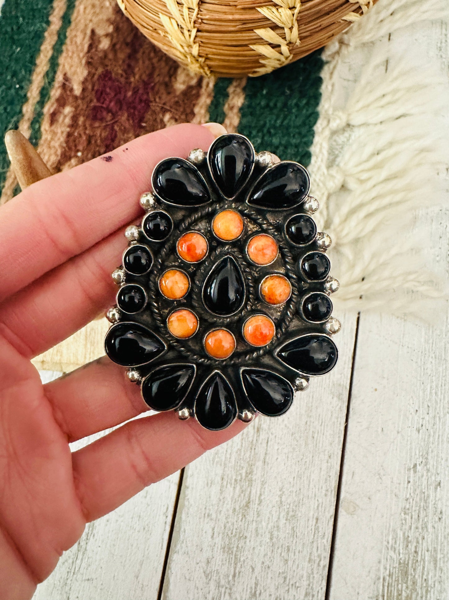 Handcrafted Sterling Silver, Onyx & Spiny Cluster Adjustable Ring