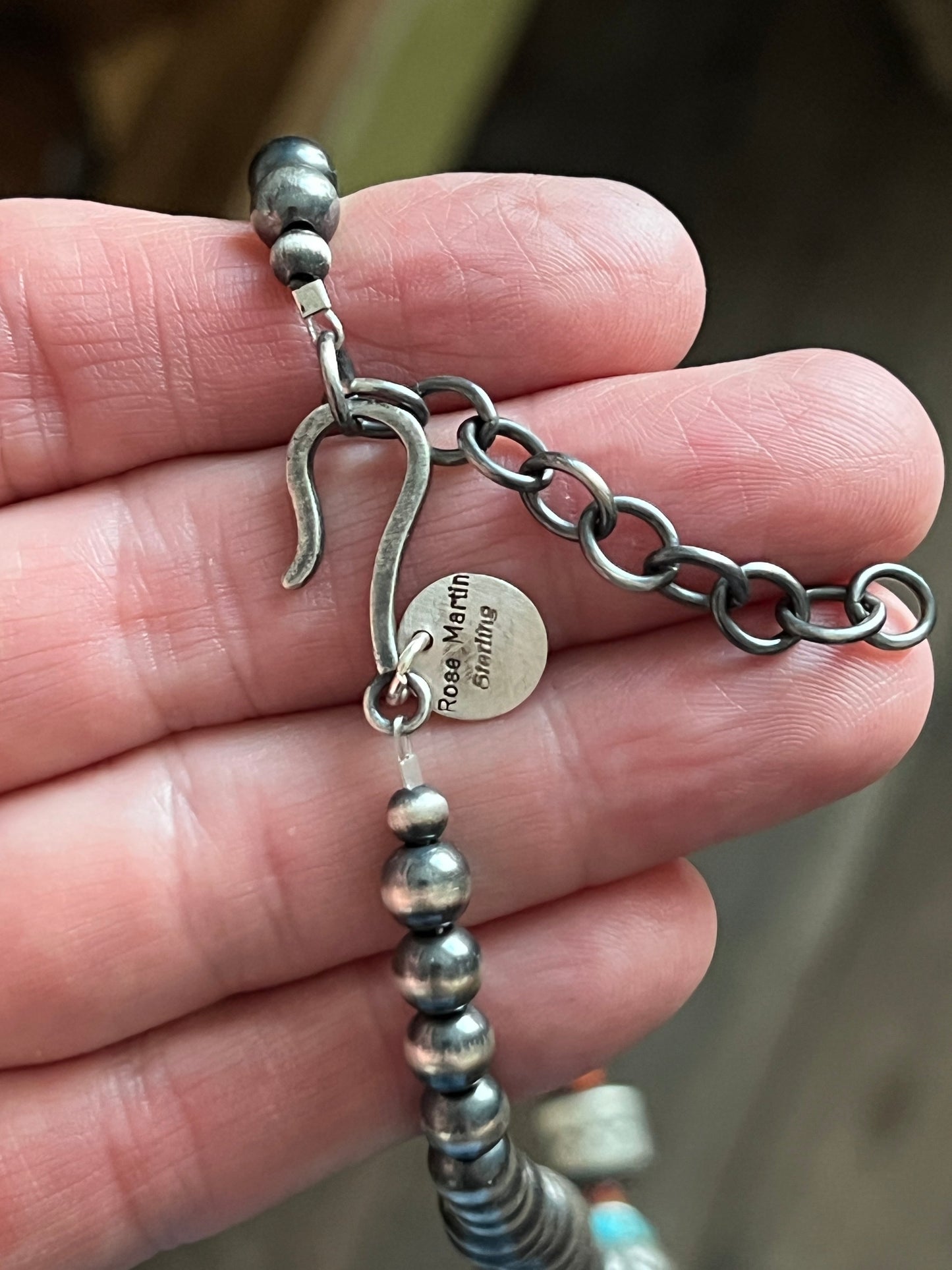 Handcrafted Sterling Silver, Kingman Turquoise and Spiny Oyster Shell Handcrafted Beaded Necklace by Rose Martin, 24 + 1-1/2 inches