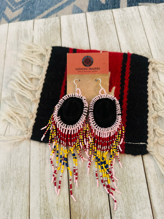 Handcrafted Beaded Cowboy Hat Dangle Earrings- pink