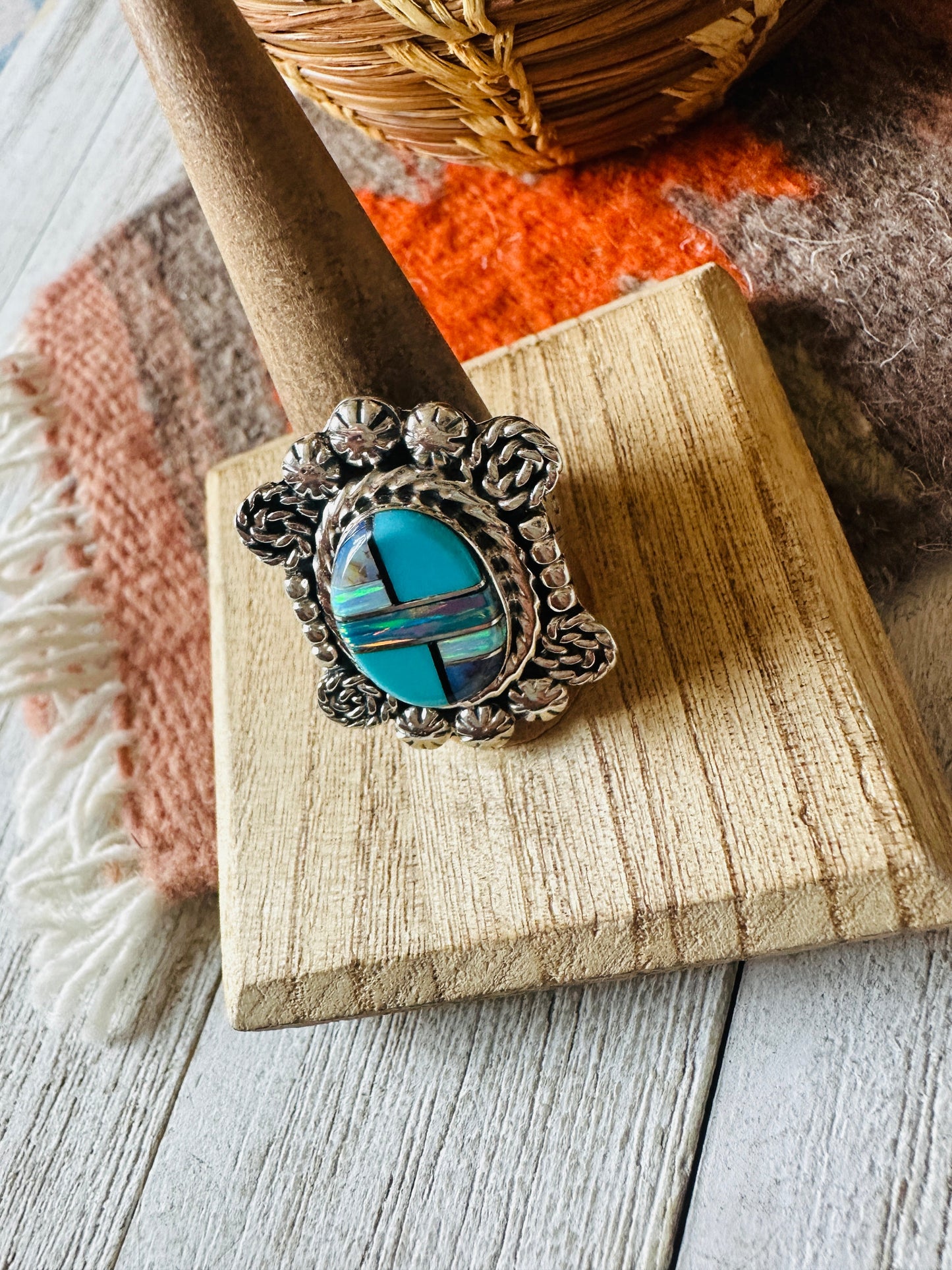 Handcrafted Sterling Silver & Multi Stone Inlay Ring Size 10