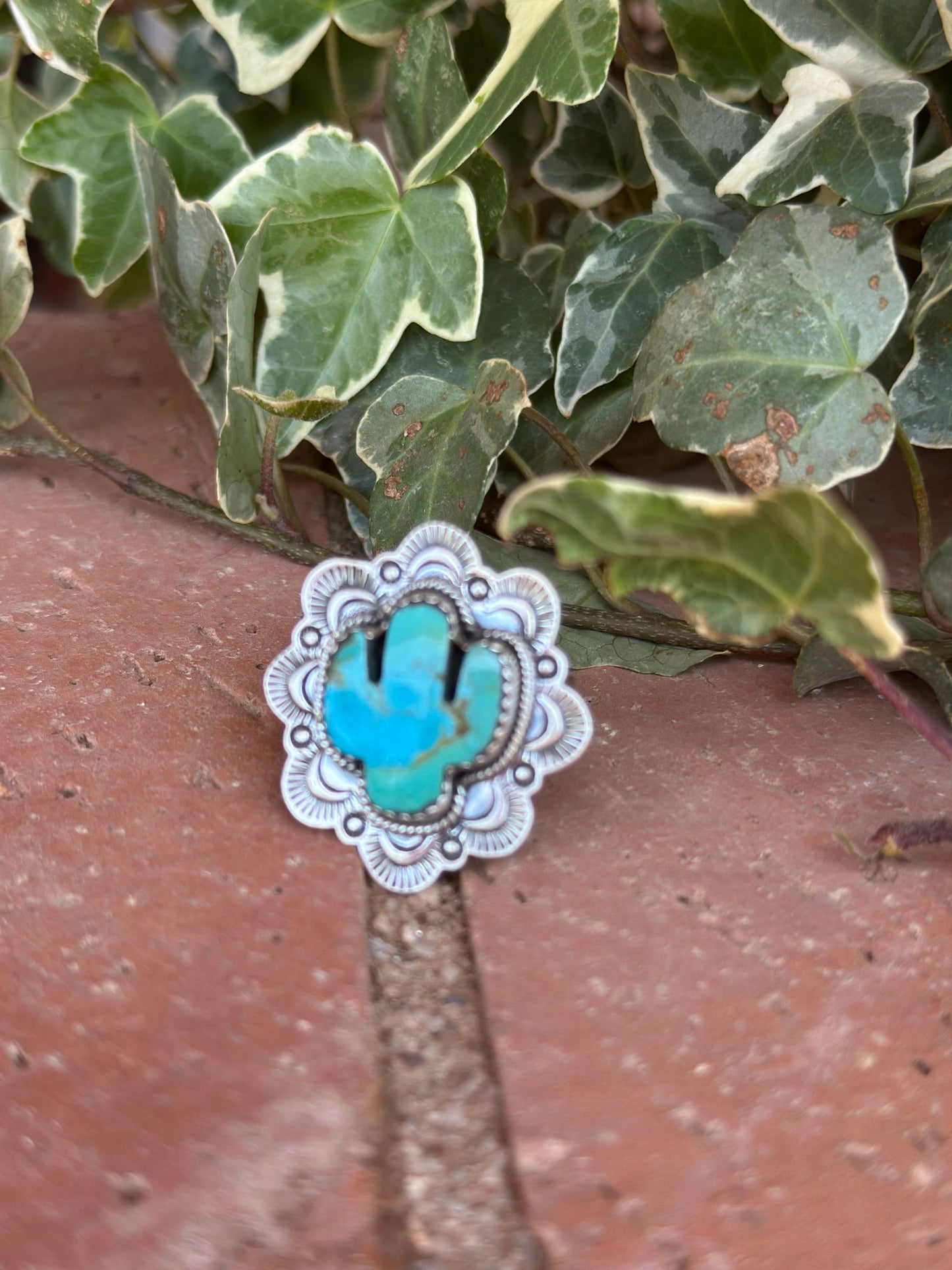 Handmade Sterling Silver Turquoise Saguaro Cactus Adjustable Ring