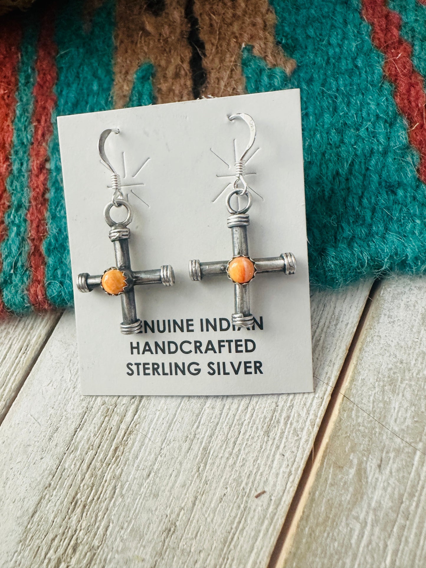 Handcrafted Sterling Silver & Orange Spiny Cross Dangle Earrings