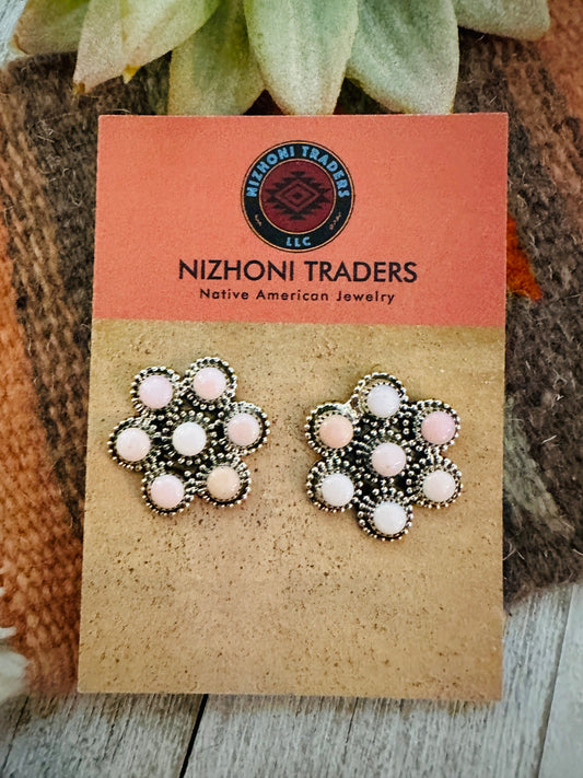 Navajo Sterling Silver & Queen Pink Conch Flower Cluster Earrings