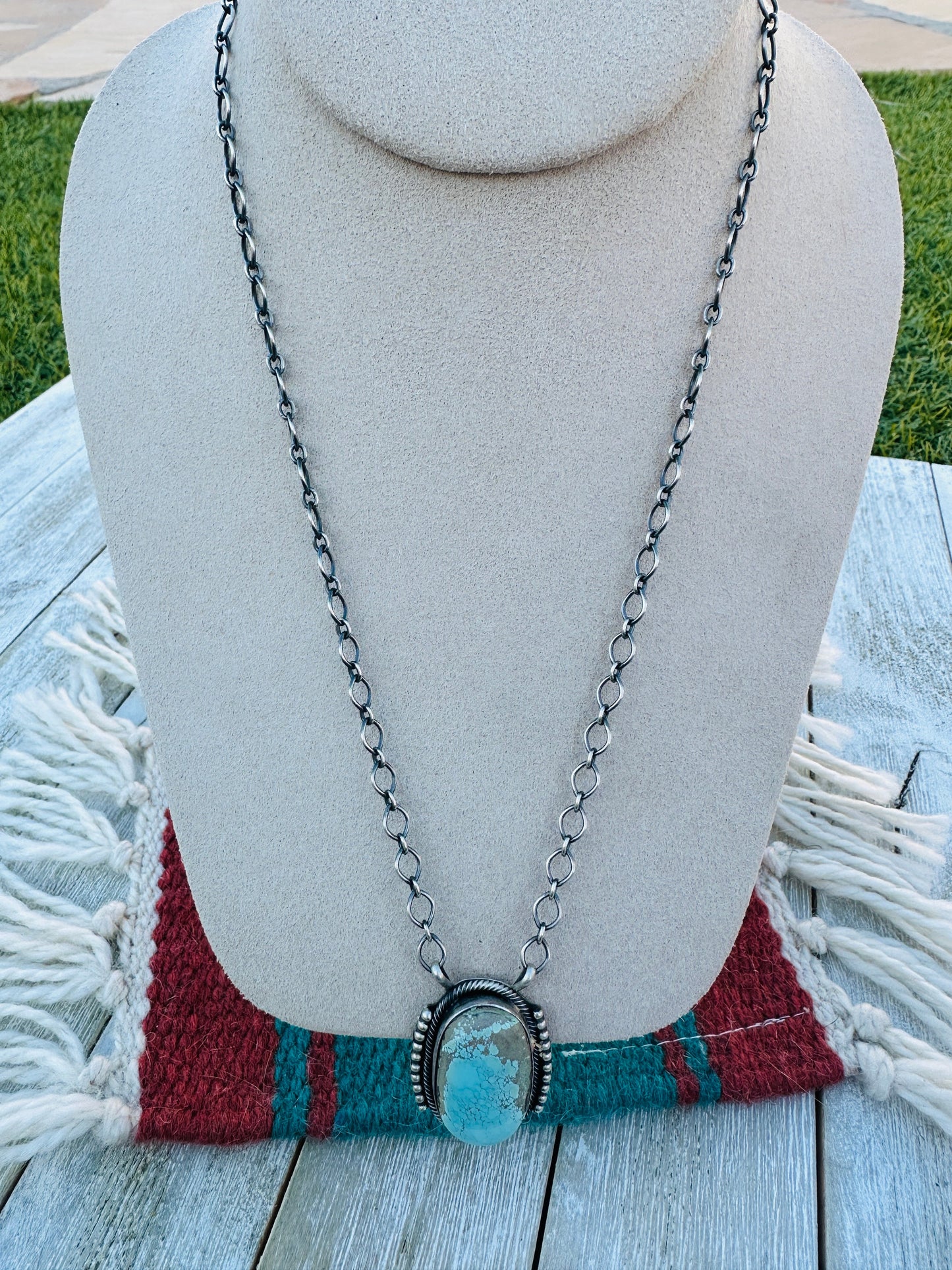 Handcrafted Sterling Silver 18” Link Chain & Turquoise Necklace