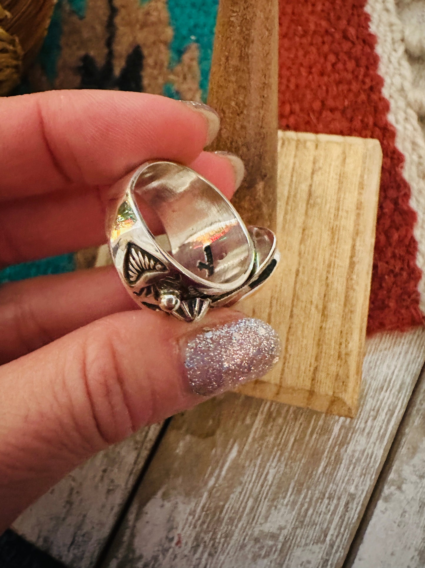 Handcrafted Sterling Silver & Turquoise Teardrop Cigar Band Ring Size 9