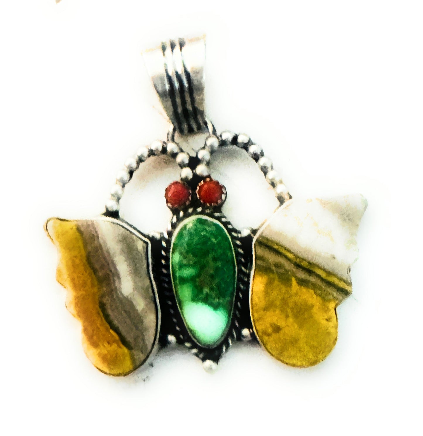 Navajo Bumblebee Jasper, Turquoise, Coral & Sterling Silver Butterfly Pendant