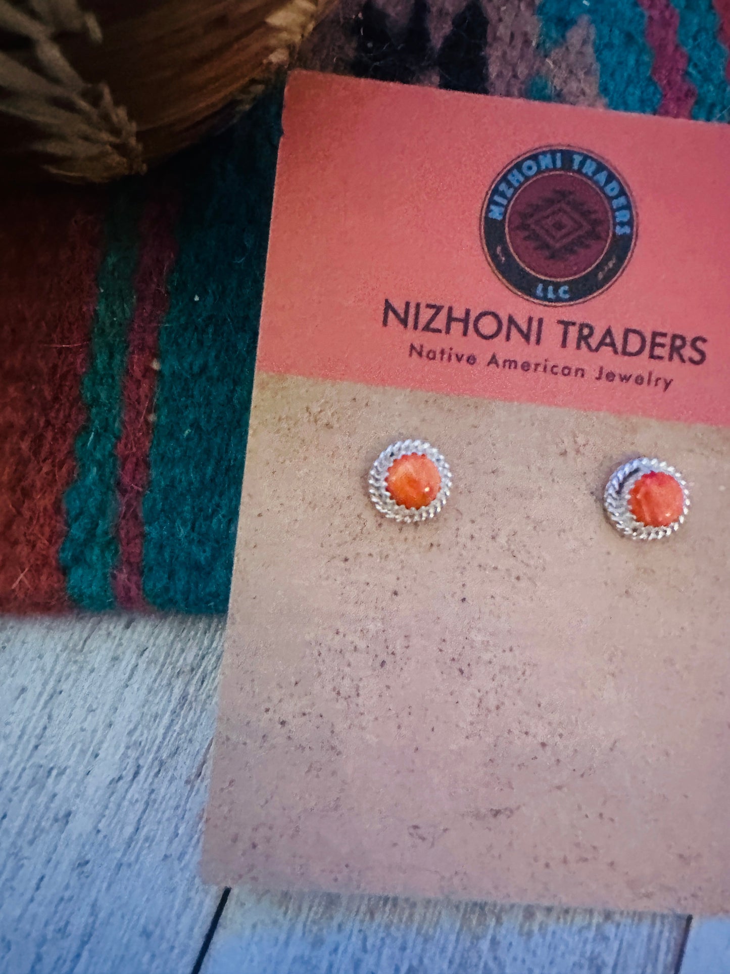 Navajo Orange Spiny and Sterling Silver Stud Earrings