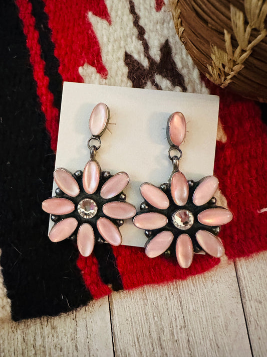 Navajo Mother of Pearl, CZ & Sterling Silver Dangle Earrings