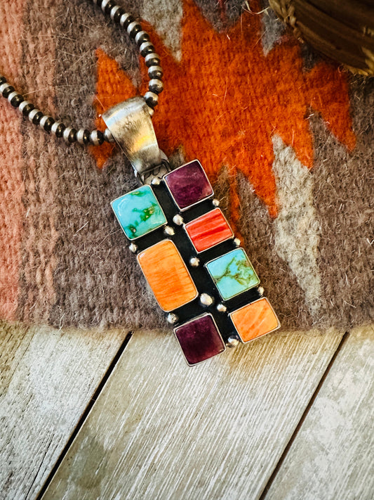 Handcrafted Electric Rainbow Turquoise, Spiny & Sterling Silver Cluster Pendant by Angela Martin