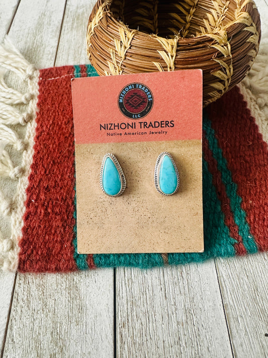 Handcrafted Turquoise & Sterling Silver Teardrop Post Earrings