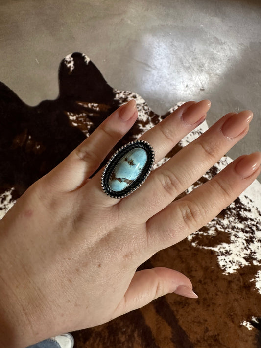 Beautiful Handcrafted Sterling Silver & Single Stone Golden Hills Turquoise Adjustable Ring Signed