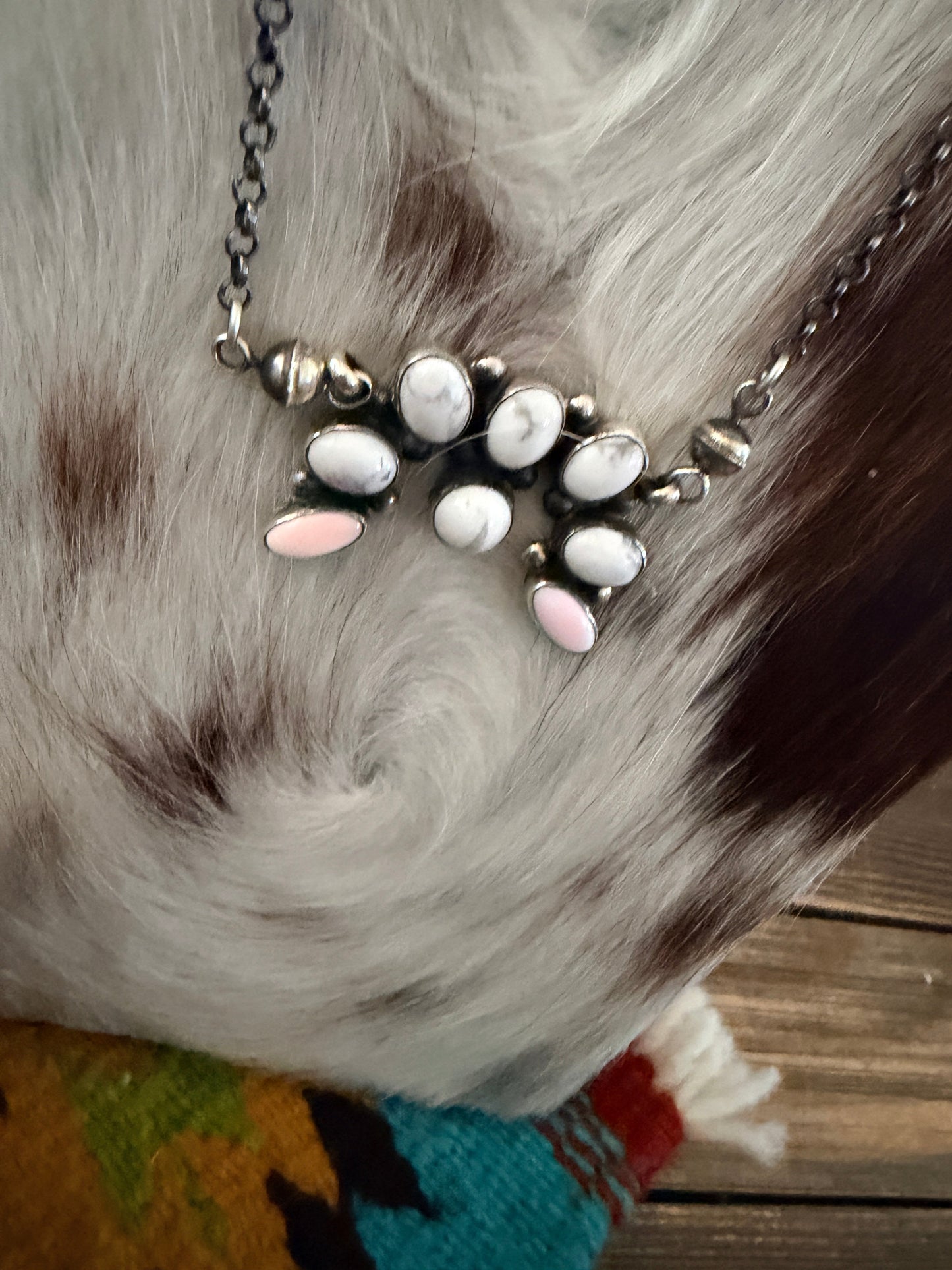 Handcrafted Queen Pink Conch, White Buffalo & Sterling Silver Naja Necklace by Jacqueline Silver
