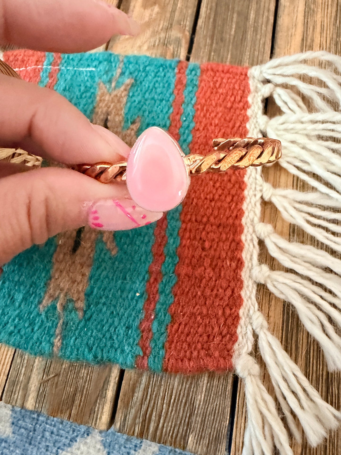 Handcrafted Queen Pink Conch & Copper Twisted Cuff Bracelet by Julia Etsitty