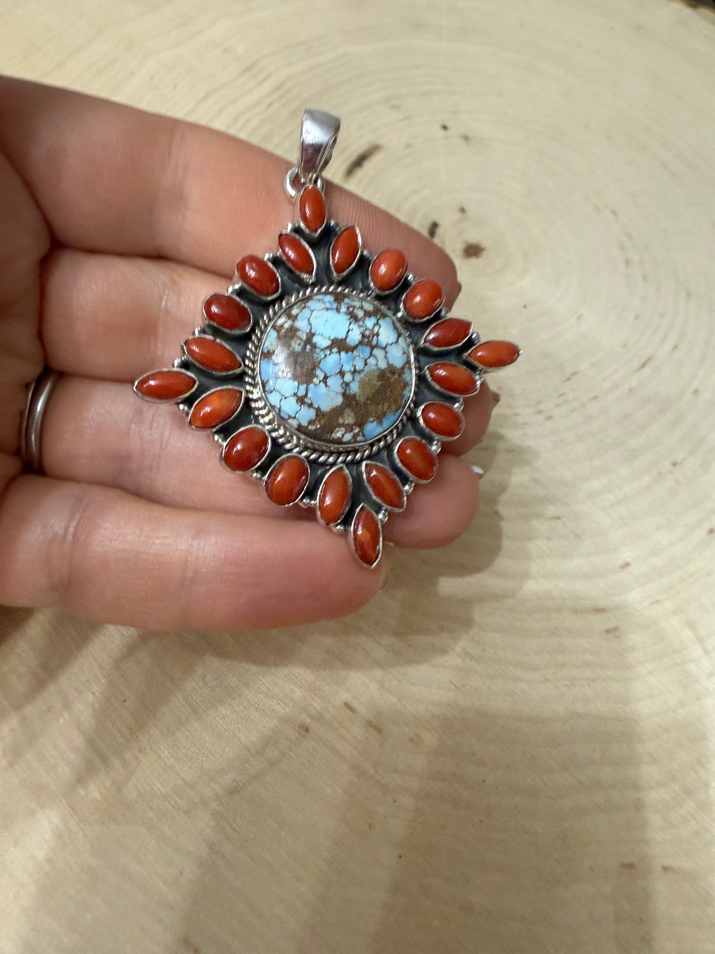 Handmade Sterling Silver, Coral & Golden Hills Turquoise Cluster Pendant