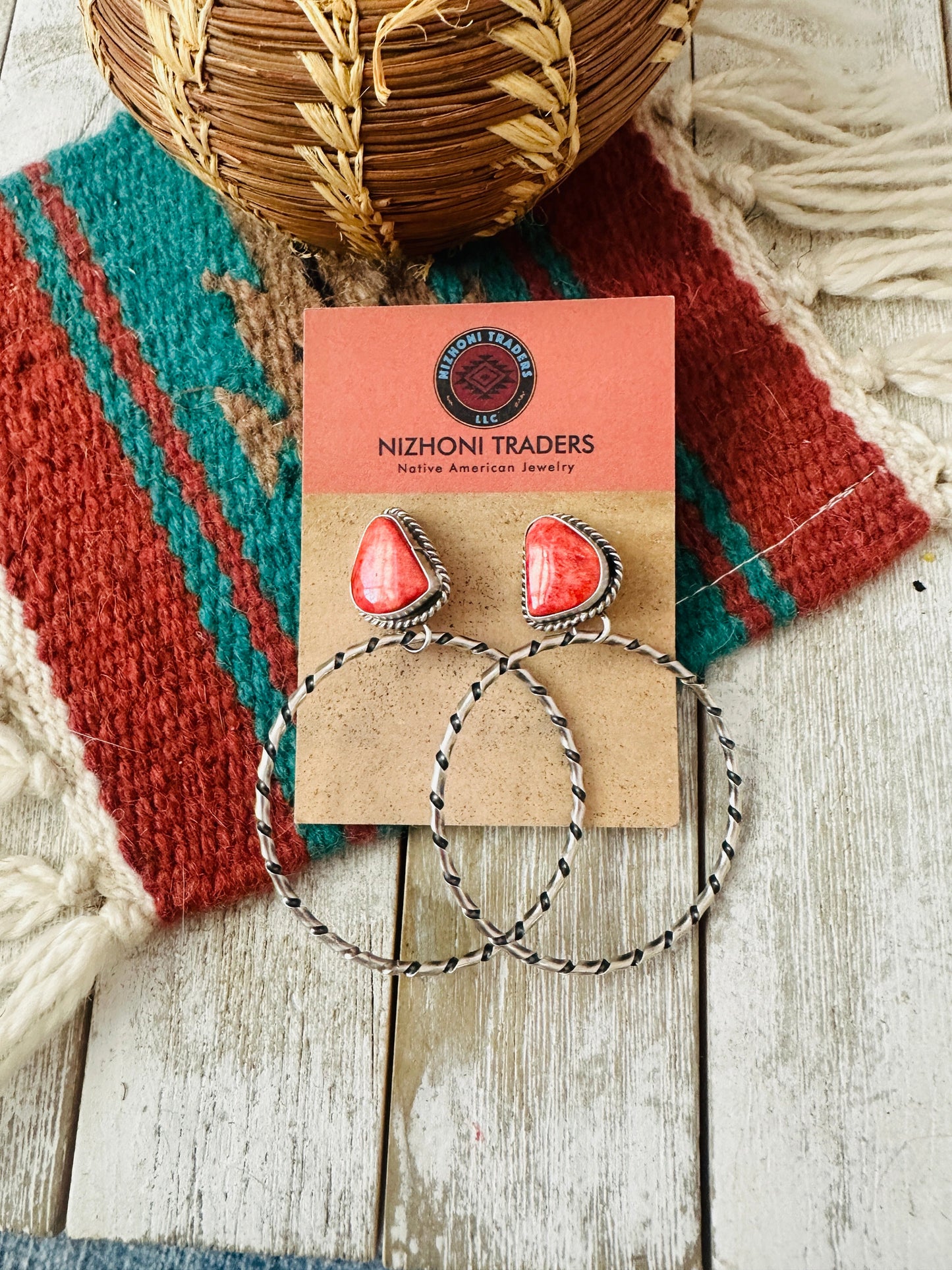 Handcrafted Orange Spiny and Sterling Silver Dangle Hoop Earrings