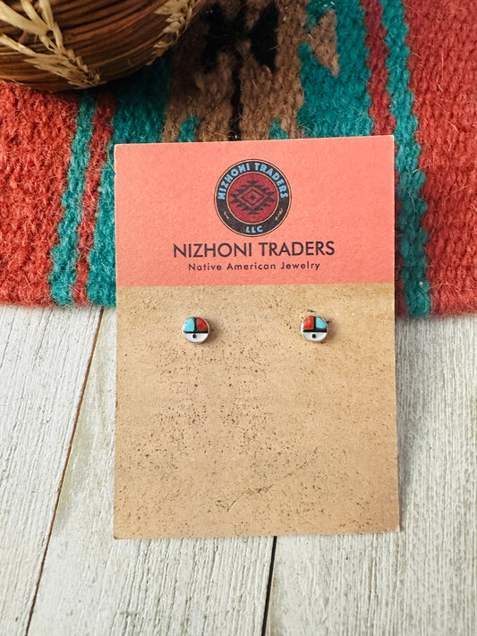 Zuni Sun Face Multi Stone & Sterling Silver Inlay Stud Earrings