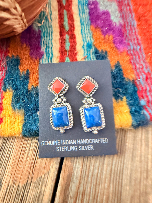 Handcrafted Lapis, Coral & Sterling Silver Dangle Earrings
