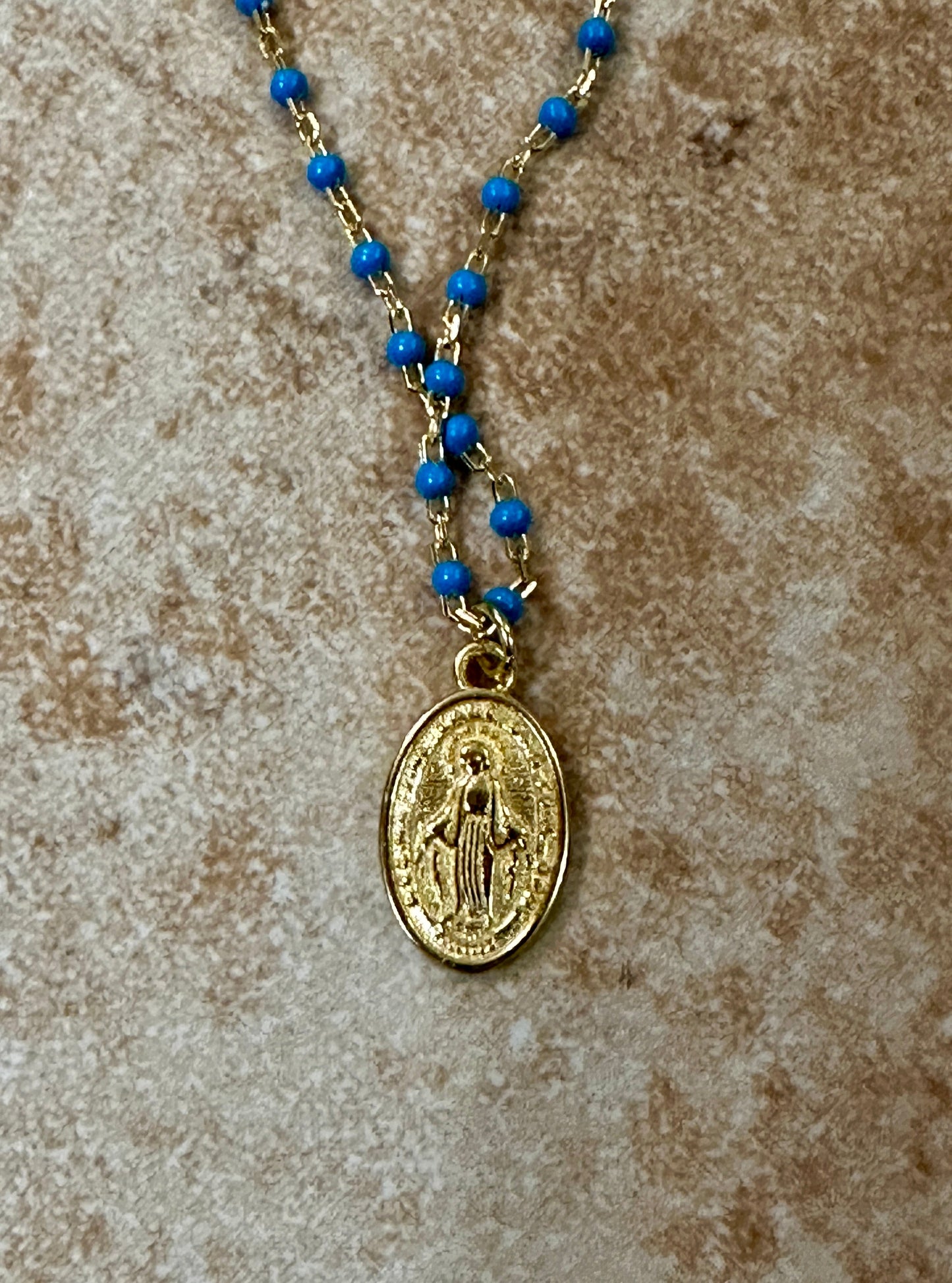 Turquoise Chip Saint Mary Pendant 14k Gold Plated Necklace
