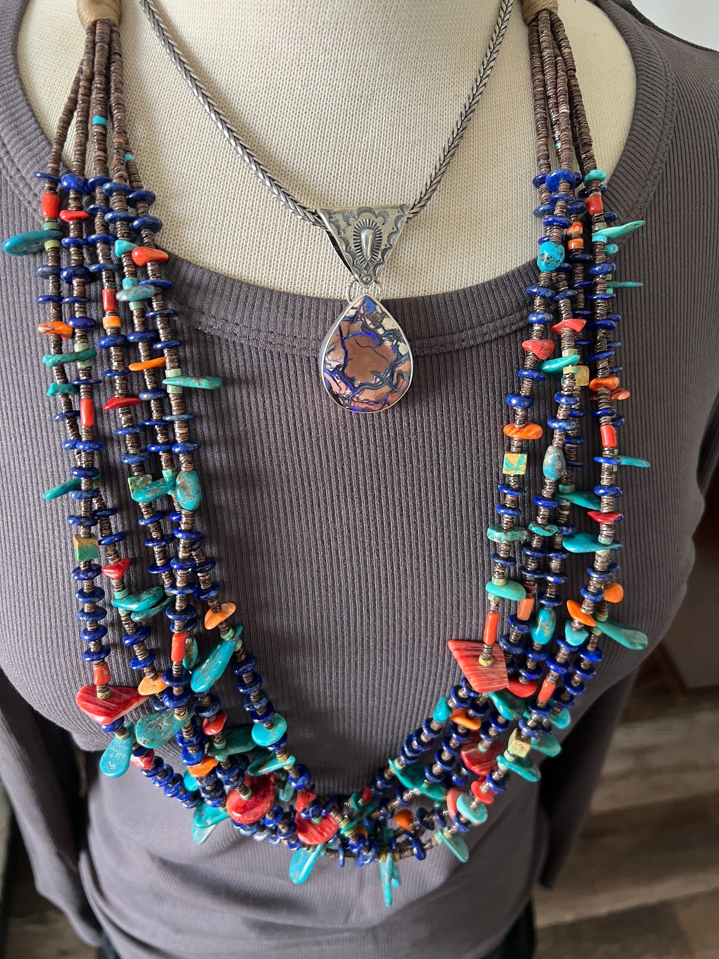 Gorgeous Handcrafted Made Five Strand Lapis, Spiny Oyster and Turquoise Beaded Squaw Wrap Necklace with Tabs by Daniel Coriz
