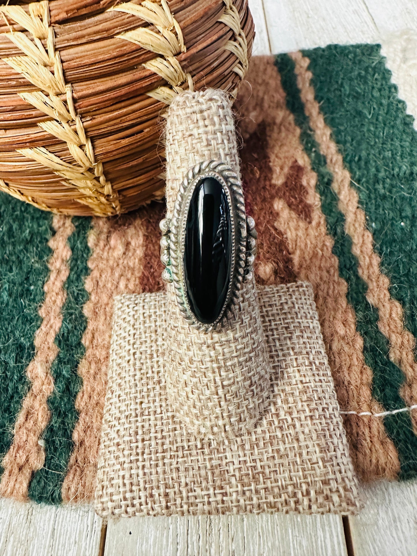 Old Pawn Handcrafted Onyx & Sterling Silver Ring Size 6.5