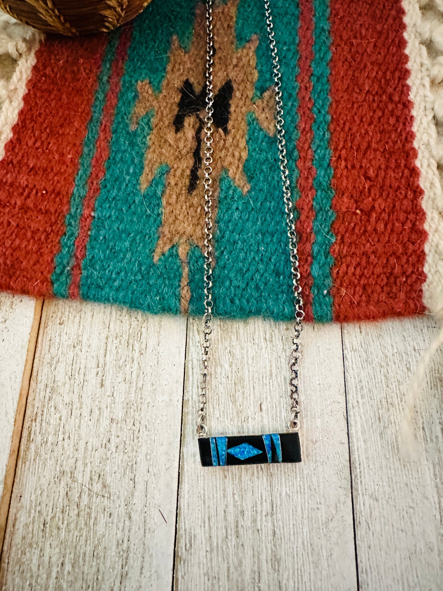 Handcrafted Opal, Onyx & Sterling Silver Inlay Bar Necklace