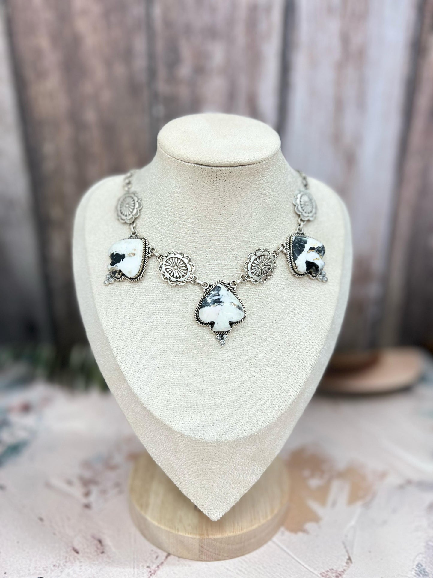 Handmade Sterling Silver White Buffalo, Royston Turquoise, Dahlia Rose Necklace, Signed Nizhoni