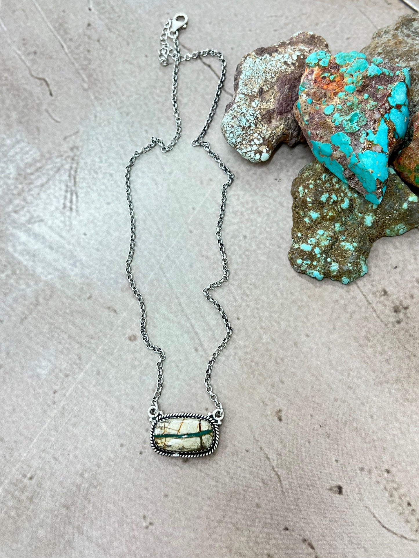 Handmade Sterling Silver Ribbon Royston Necklace with Signed Nizhoni