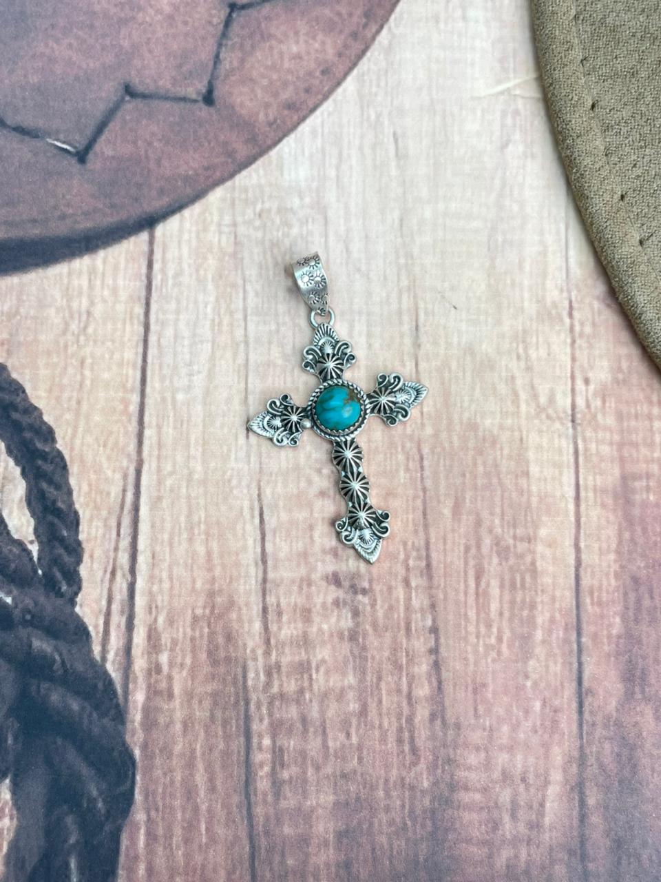 Handmade Sterling Silver Kingman Turquoise Cross Pendant "Signed Nizhoni"