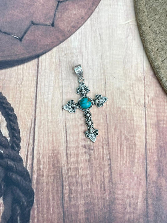 Handmade Sterling Silver Kingman Turquoise Cross Pendant "Signed Nizhoni"