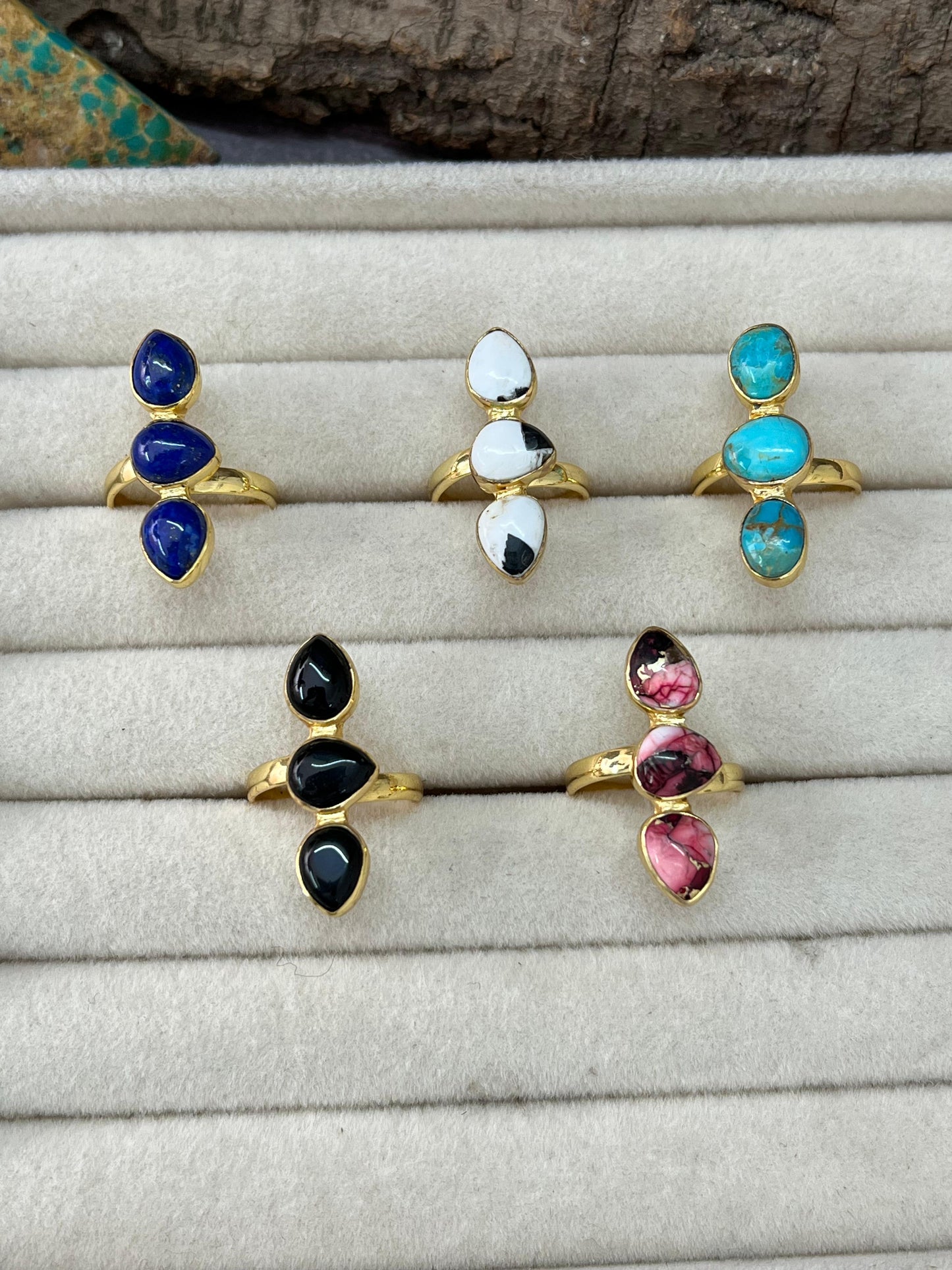 “The Golden Collection” Natural Multi Stone Adjustable 3 Stone Ring