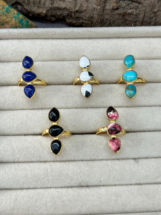 “The Golden Collection” Natural Multi Stone Adjustable 3 Stone Ring