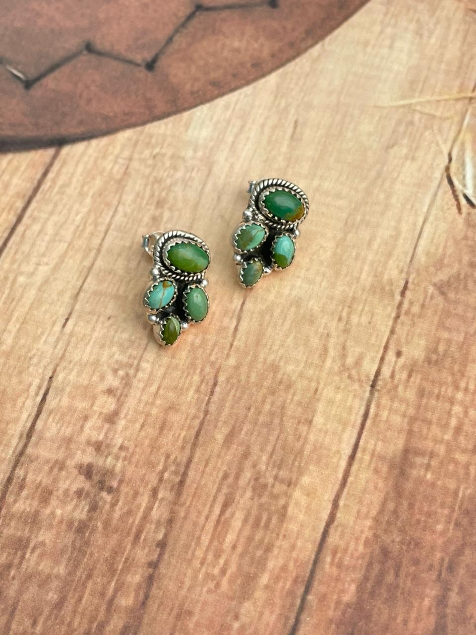 Handmade Sterling Silver Kingman Turquoise Post Studs Earrings "Signed Nizhoni"