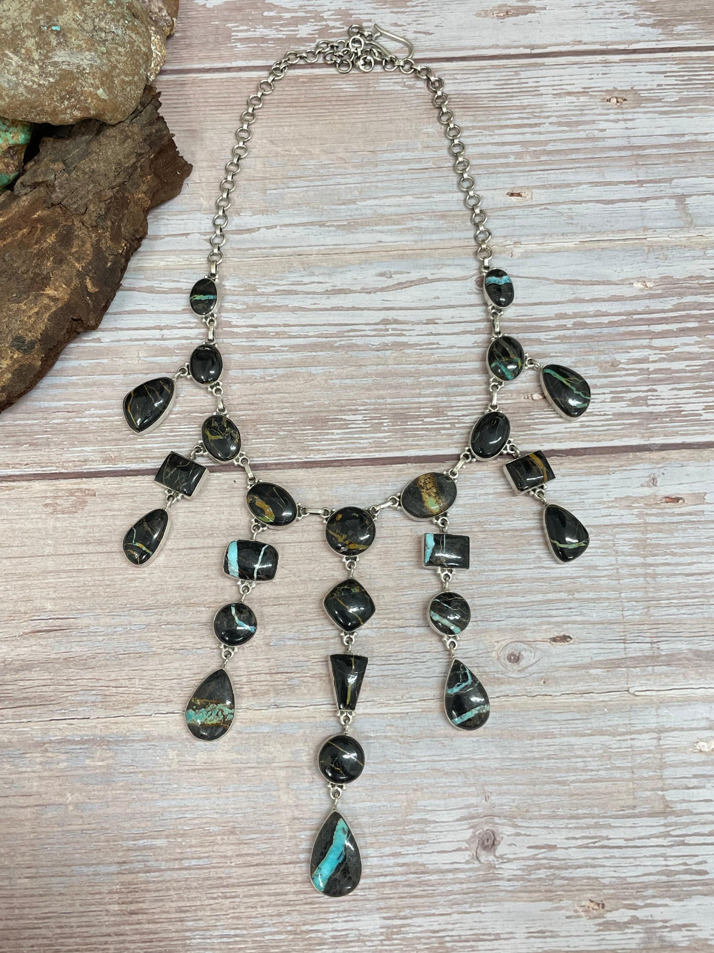 Handmade Sterling Silver Blackjack Turquoise Necklace Signed Nizhoni