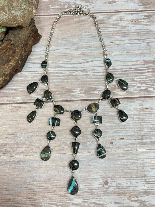Handmade Sterling Silver Blackjack Turquoise Necklace Signed Nizhoni