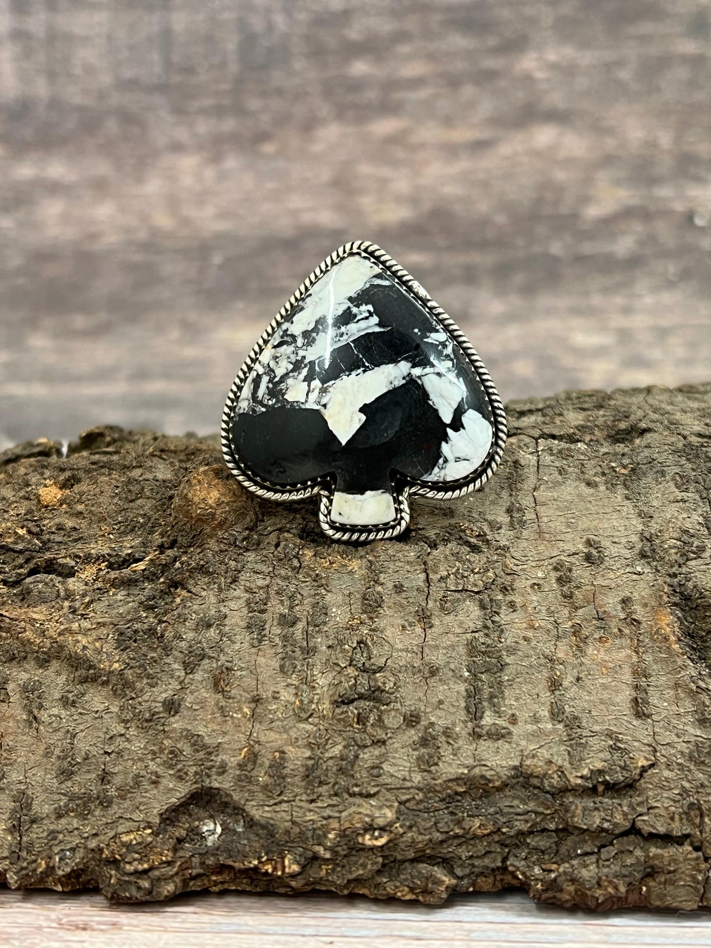 Handmade Sterling Silver White Buffalo Spade Adjustable Ring Signed Nizhoni (4)