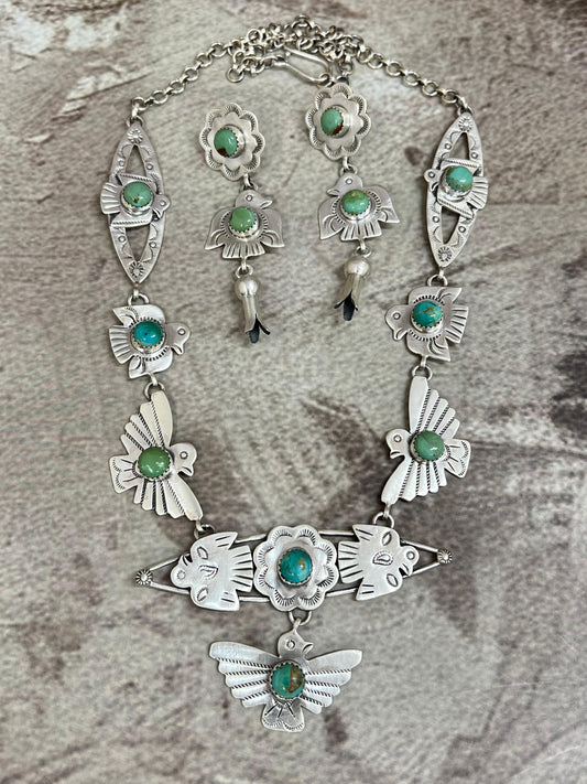 Handmade Sterling Silver Kingman Turquoise Necklace Earrings Set with Signed Nizhoni (1)