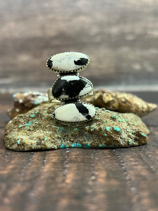 Handmade Sterling Silver White Buffalo Adjustable Ring, Signed Nizhoni