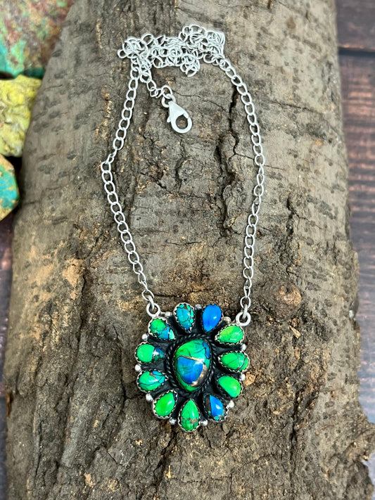 Handmade Sterling Silver Peacock Dahlia Necklace with Signed Nizhoni