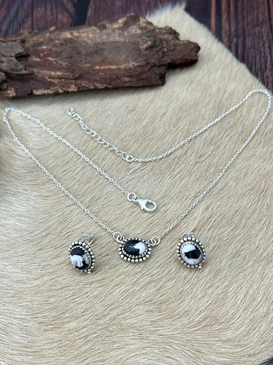 Handmade Sterling Silver White Buffalo Necklace Earrings Set "Signed Nizhoni"
