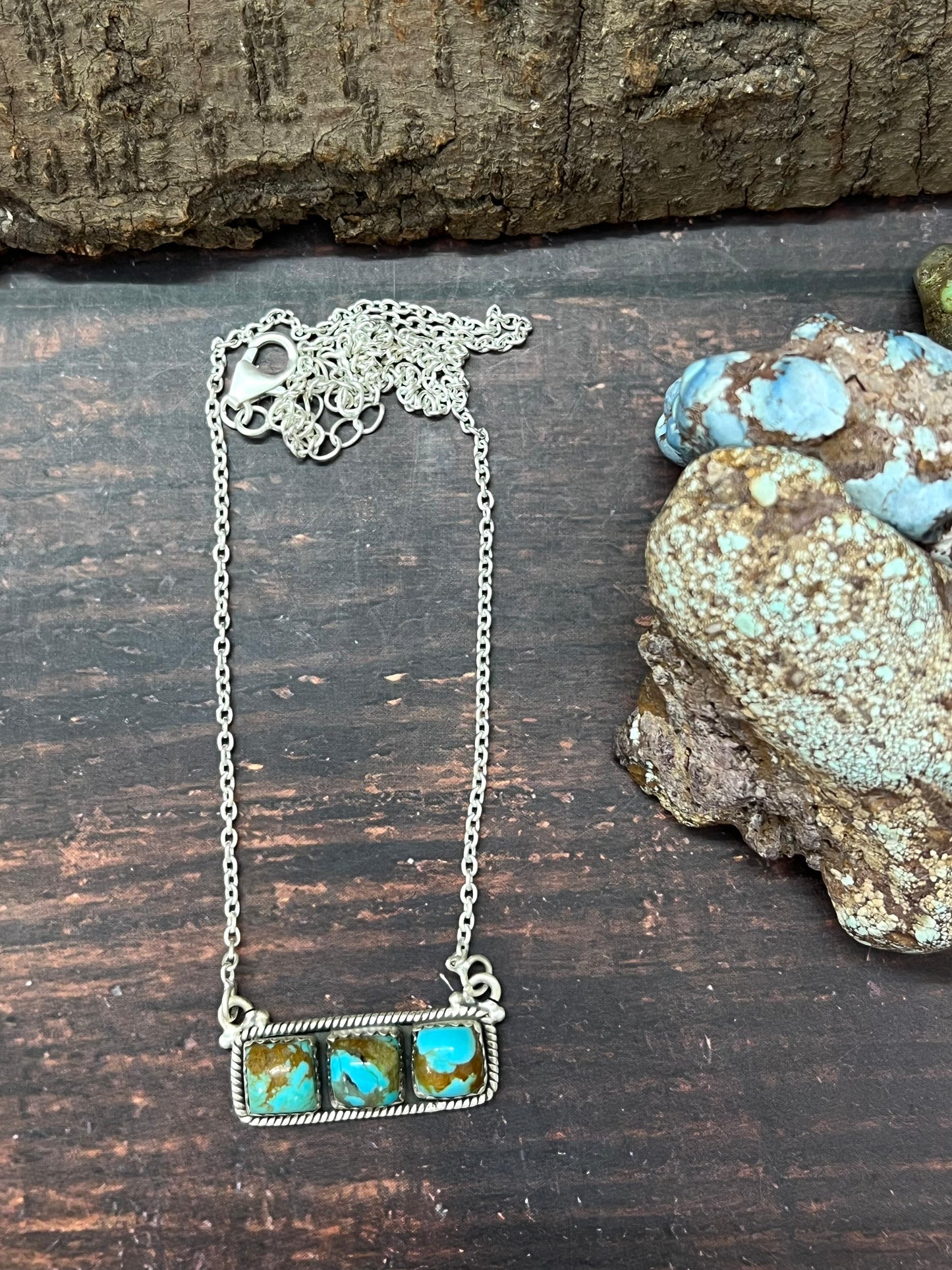 Handmade Sterling Silver Number 8 Turquoise Bar Necklace with Signed Nizhoni