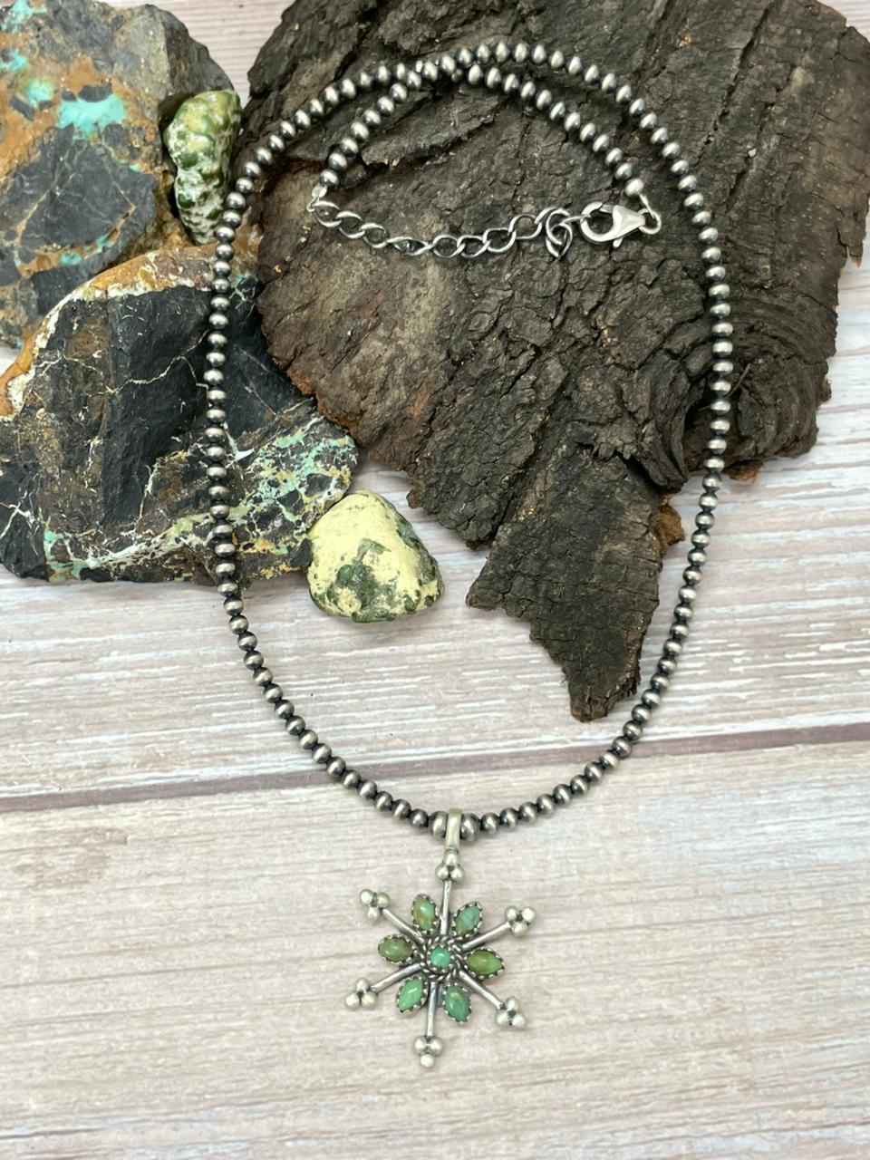 Handmade Sterling Silver Kingman Turquoise Beaded Necklace "Signed Nizhoni" (9)
