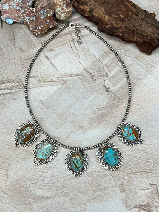 Handmade Sterling Silver Number 8 Turquoise Beaded Necklace with Signed Nizhoni