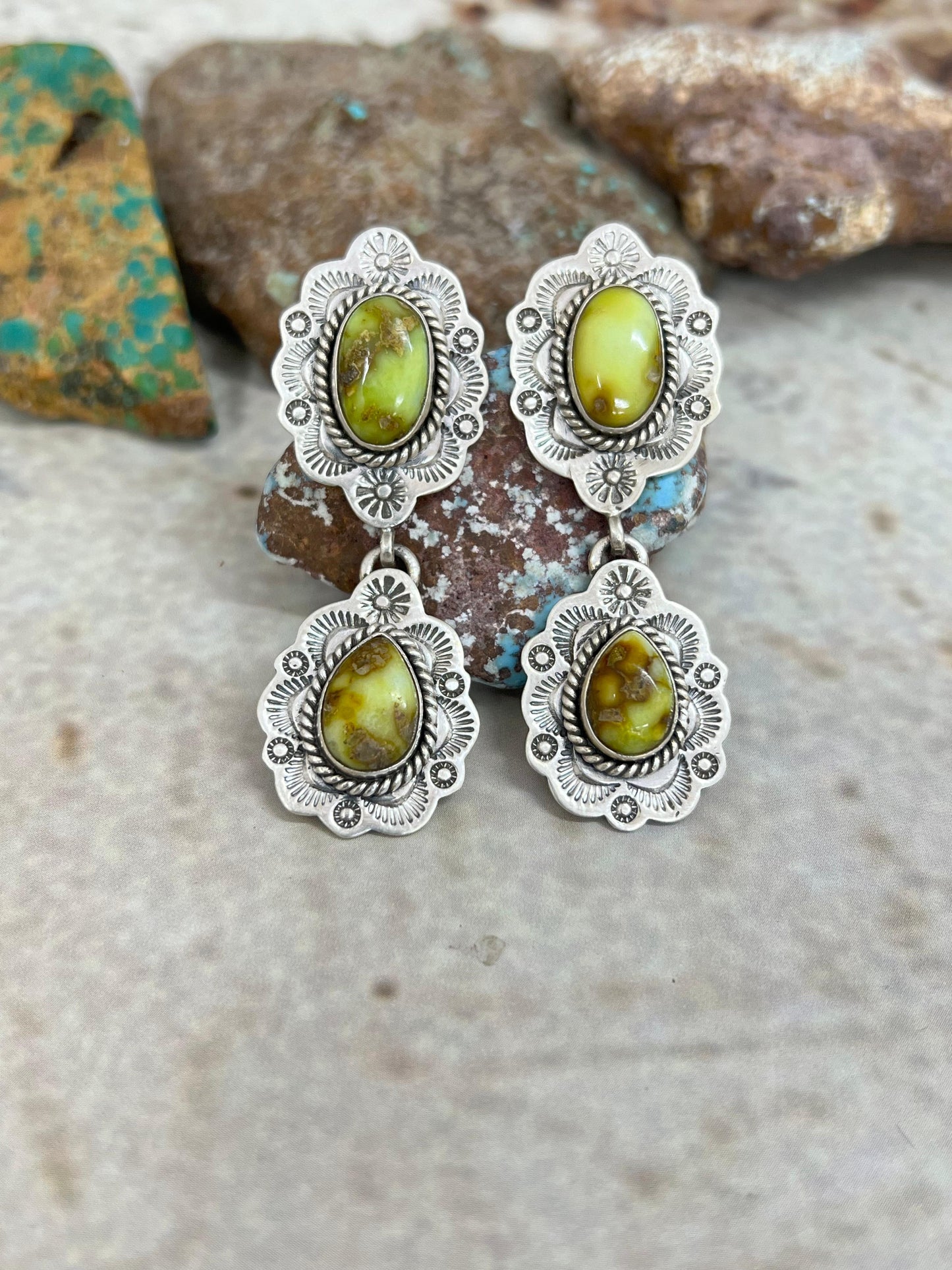 Handmade Sterling Silver Palomino Turquoise Post Dangle Earrings with Signed Nizhoni (1)