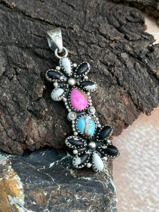 Handmade Sterling Silver White Buffalo with Cotton Candy Pendant "Signed Nizhoni"